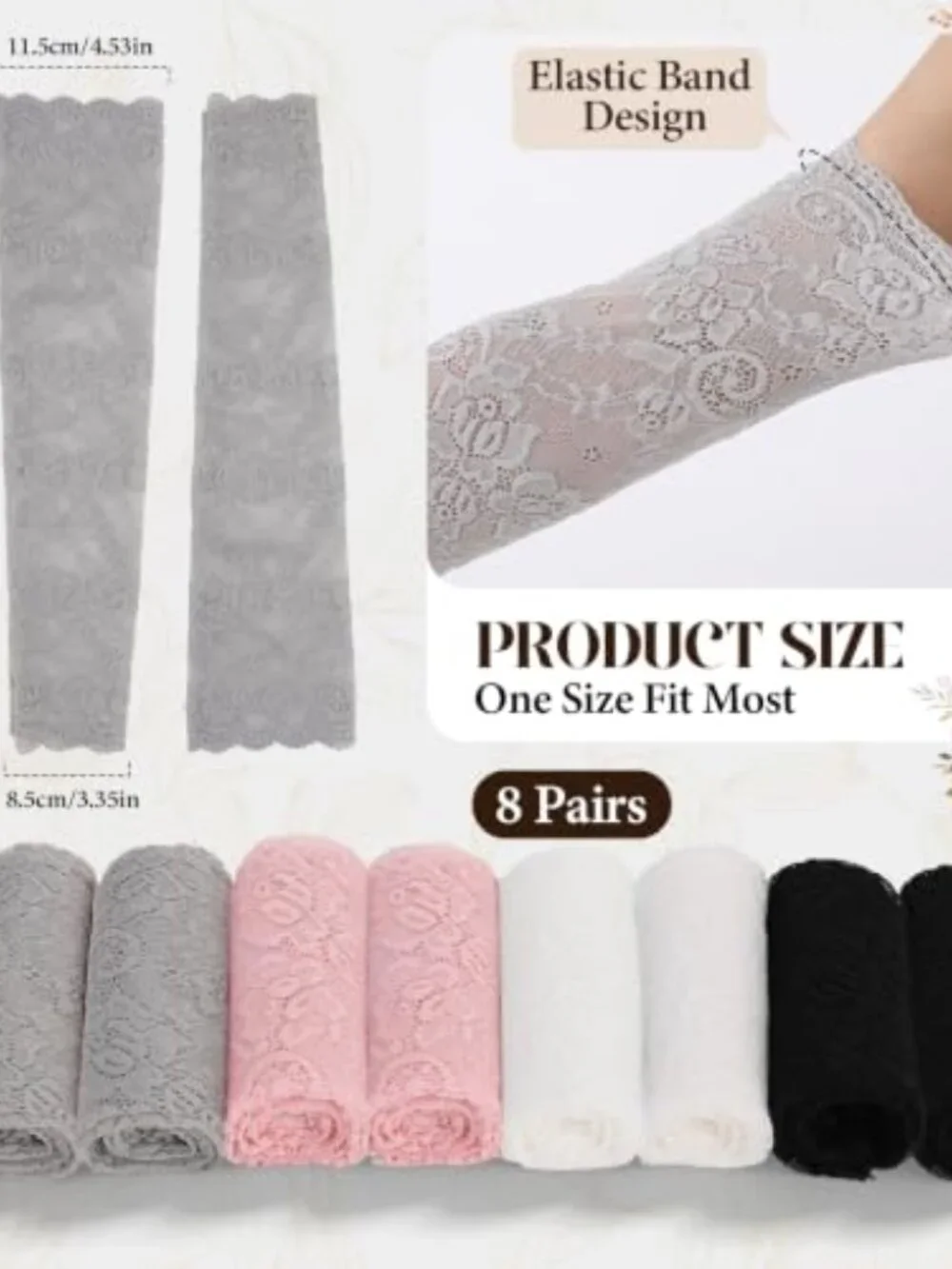 8 Pairs Lace Arm Sleeves for Women, Elbow Length, Floral Hollow, Soft Stretch